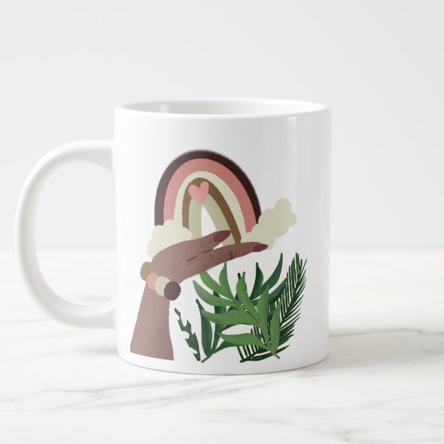 Boho Rainbow in Woman Hand Greenery Jumbo-Tasse (Links)
