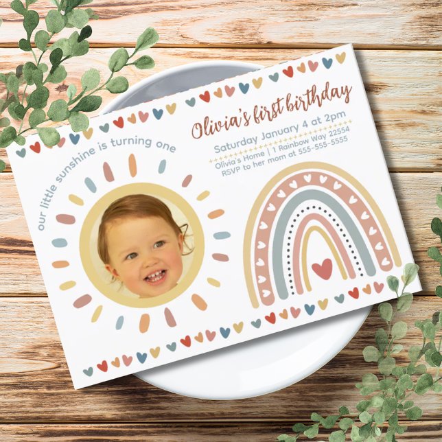 Boho Rainbow | Little Sunshine Birthday Foto Einladung (Boho Rainbow | Little Sunshine Birthday Photo Invitation)