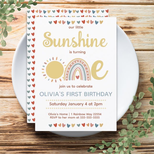 Boho Rainbow | Little Sunshine Erster Geburtstag Einladung (Boho Rainbow | Little Sunshine First Birthday Invitation)