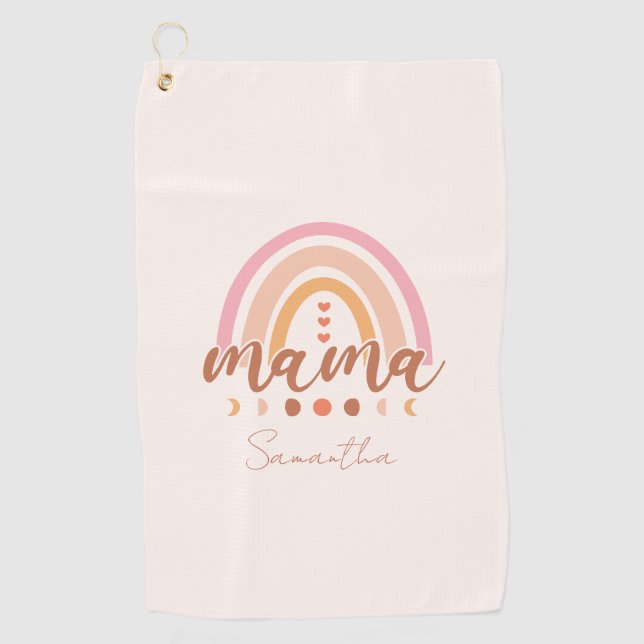 Boho Rainbow Mama mit Mondphasen Golfhandtuch (Vorderseite)