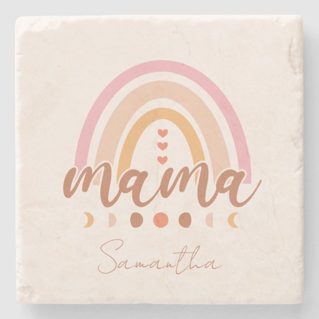 Boho Rainbow Mama mit Mondphasen Steinuntersetzer (Vorderseite)