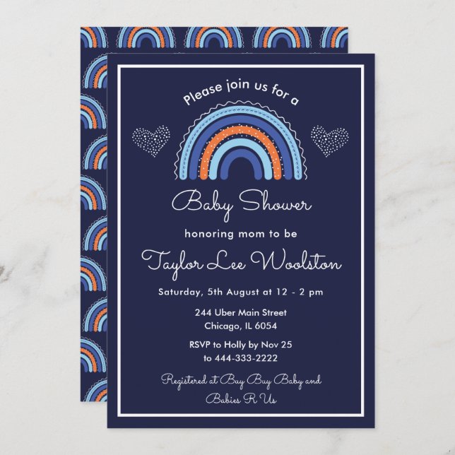 Boho Rainbow Navy Blue Baby Dusche Einladung (Vorne/Hinten)