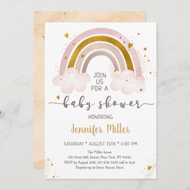 Boho Rainbow Neutral Gold Baby Shower Einladung (Vorne/Hinten)