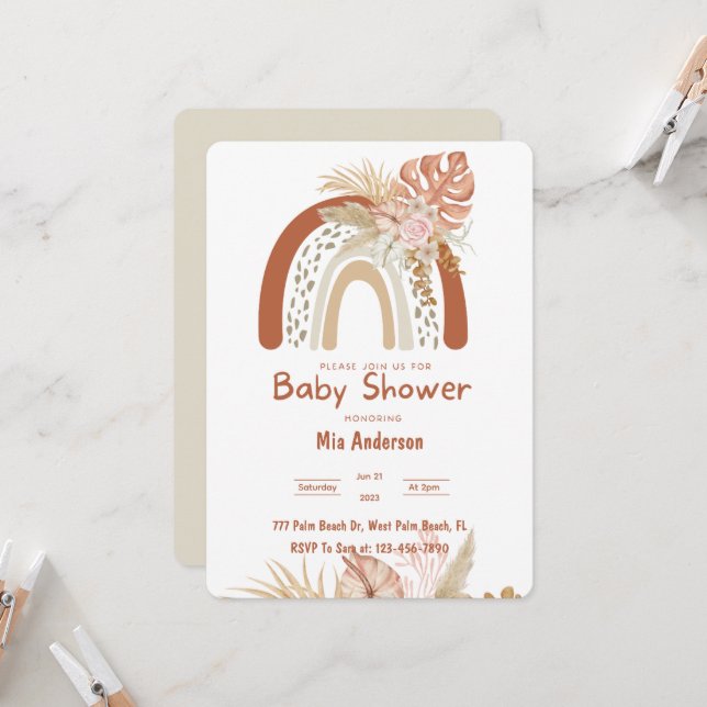 Boho Rainbow Neutral Pampas Grass Baby Shower Einladung (Vorderseite/Rückseite Beispiel)