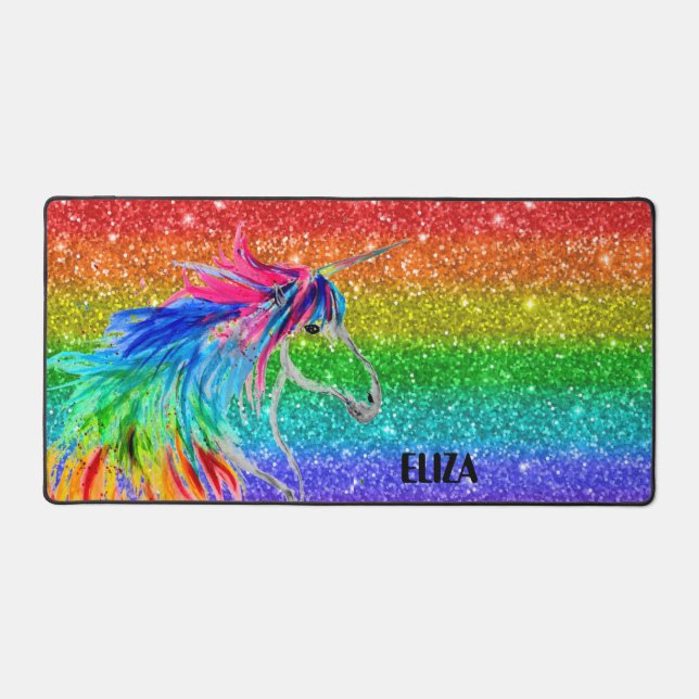 Boho Rainbow Niedlicher Glitzer Girls Unicorn Kind Schreibtischunterlage (Vorderseite)