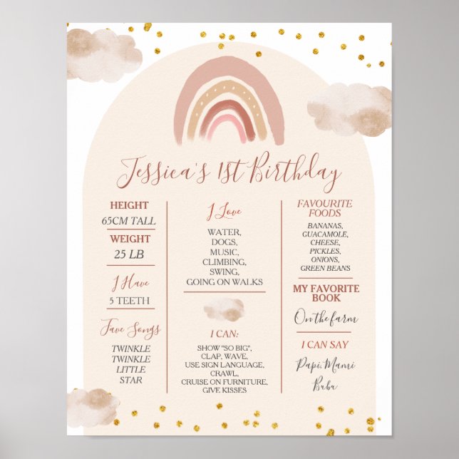 Boho Rainbow Onedere 1. Jahr Geburtstag Meilenstei Poster (Vorne)