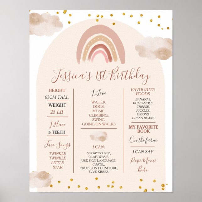 Boho Rainbow Onedere 1. Jahr Geburtstag Meilenstei Poster (Vorne)