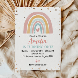 Boho Rainbow Pink 1. Geburtstag Einladung