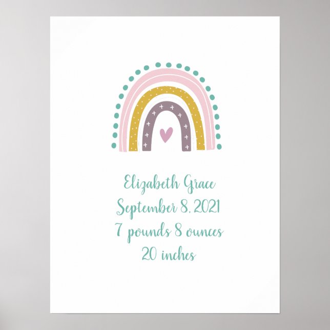 Boho Rainbow Pink Aquamarin Gold Herz Birth Stats Poster (Vorne)