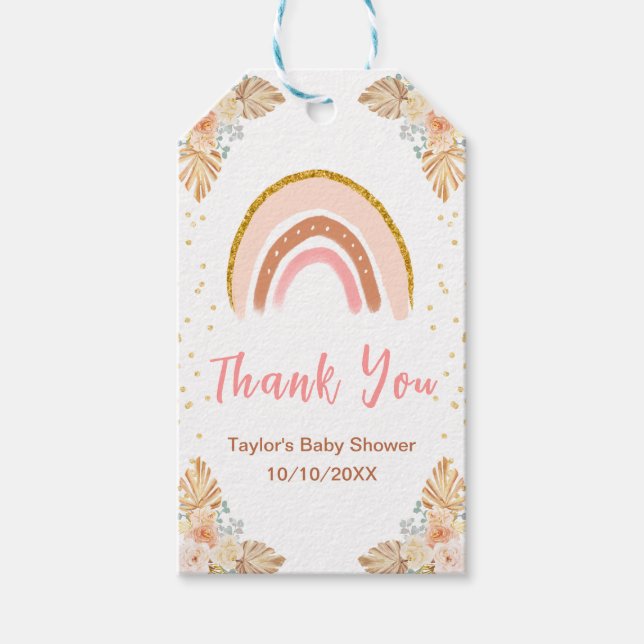 Boho Rainbow Pink Baby Dusche Danke Geschenkanhänger (Vorderseite)