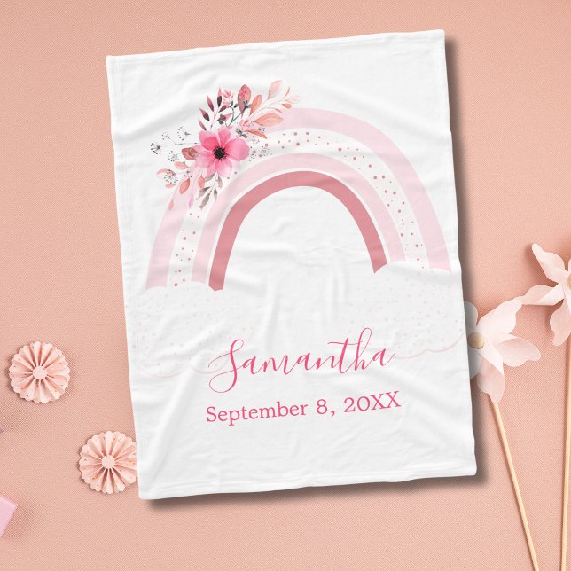 Boho Rainbow Pink Floral Blume Baby Blanket Gesche Fleecedecke (Pink Boho Rainbow with Flowers Baby Shower Gift for New born baby girl Baby Blanket)