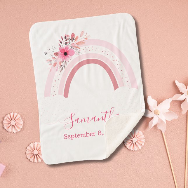 Boho Rainbow Pink Floral Sherpa Baby Blanket Sherpadecke (Personalized Pink Rainbow Boho Floral Sherpa Baby Blanket. Great gift for the new baby girl.)