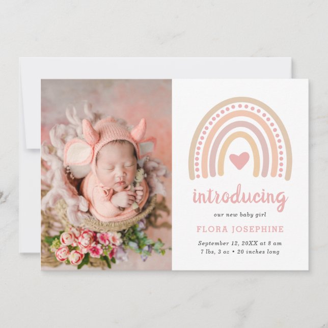 Boho Rainbow Pink Heart Foto Baby Girl Niedlich Bi Ankündigung (Vorderseite)