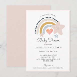 Boho Rainbow Pink Heart Girl Baby Dusche Einladung