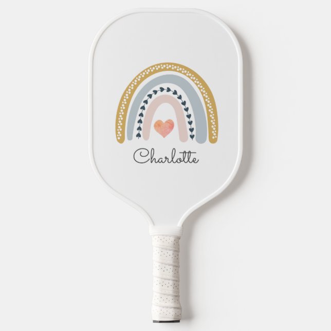 Boho Rainbow Pink Herz Personalisiert Pickleball Schläger (Vorderseite)