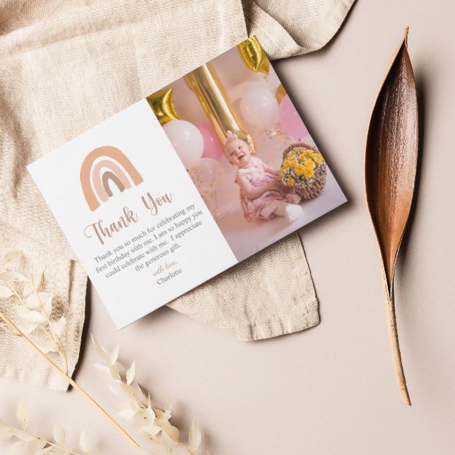 Boho Rainbow Pink Pastel Erster Geburtstag Dankeskarte (Von Creator hochgeladen)