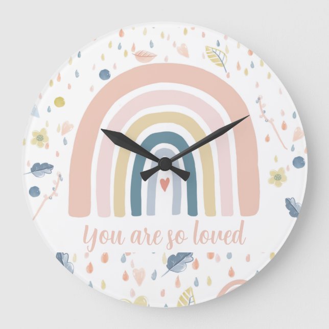 Boho Rainbow & Raindrops Kinderzimmer Clock Große Wanduhr (Vorderseite)