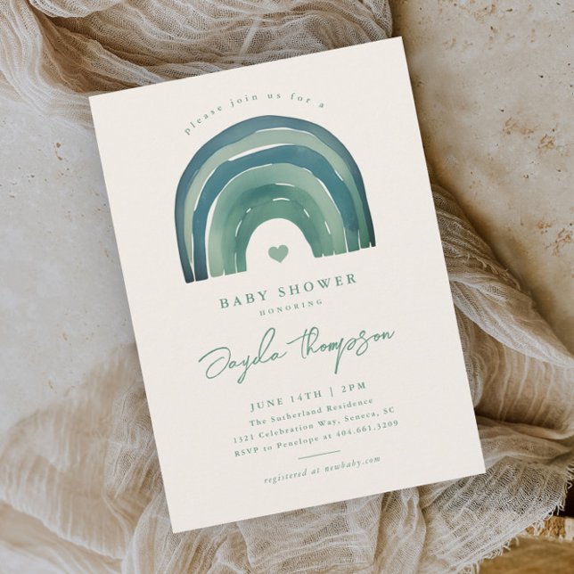 Boho Rainbow Sage Green Baby Dusche Einladung (Boho rainbow sage green neutral baby shower invitation.)