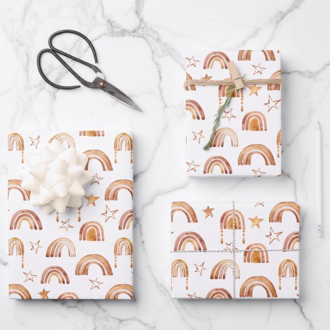 Boho Rainbow Stars Terracotta Brown Babydusche Geschenkpapier Set (Vorderseite)