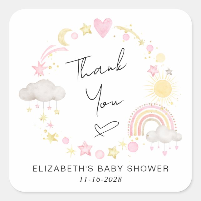 Boho Rainbow Sun Baby Girl Dusche Vielen Dank Quadratischer Aufkleber (Vorderseite)