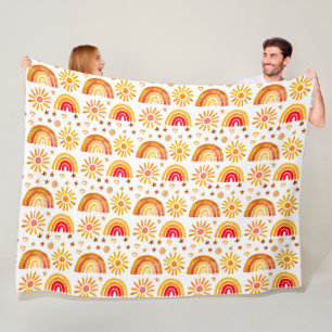 Boho Rainbow Sun Stars Watercolor Orange Muster Fleecedecke
