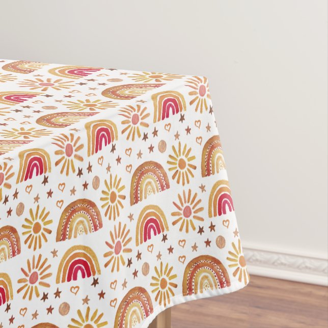 Boho Rainbow Sun Stars Watercolor Pastellmuster Tischdecke (Beispiel)