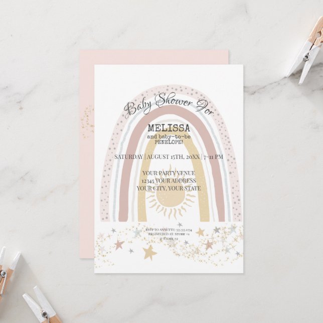 Boho Rainbow Sunshine Pink Mustard Gold Stars Girl Einladung (Vorderseite/Rückseite Beispiel)