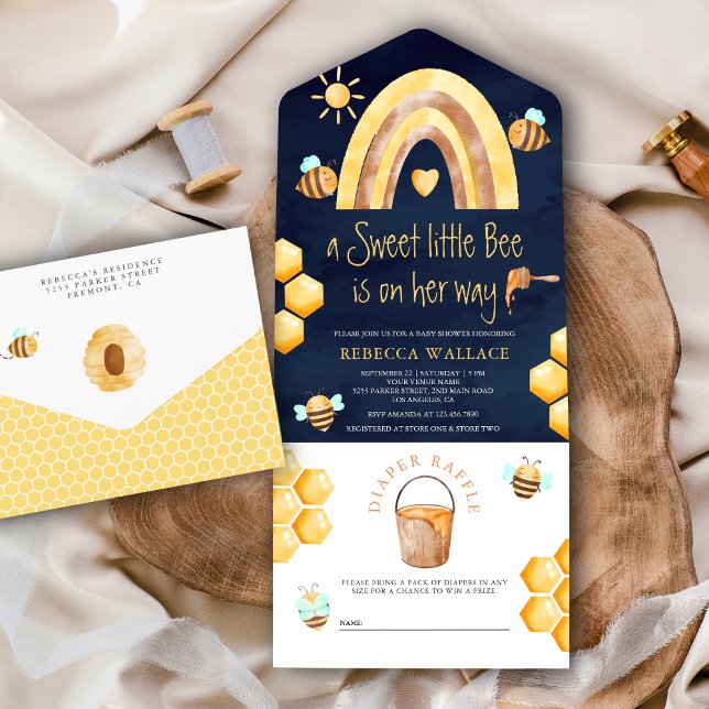 Boho Rainbow Sweet Little Bee Navy Baby Shower All In One Einladung (Von Creator hochgeladen)