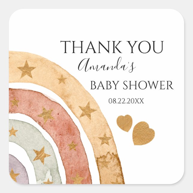 Boho Rainbow Vielen Dank Baby Shower Quadratischer Aufkleber (Vorderseite)