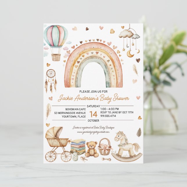 Boho Rainbow Watercolor Babydusche Einladung (Stehend Vorderseite)