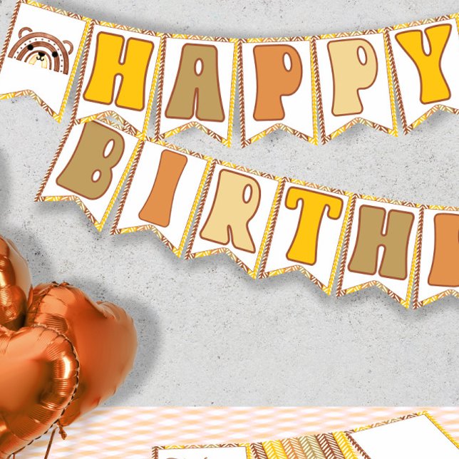 Boho Rainbow Woodland Bär Retro Happy Birthday Wimpelkette (Von Creator hochgeladen)