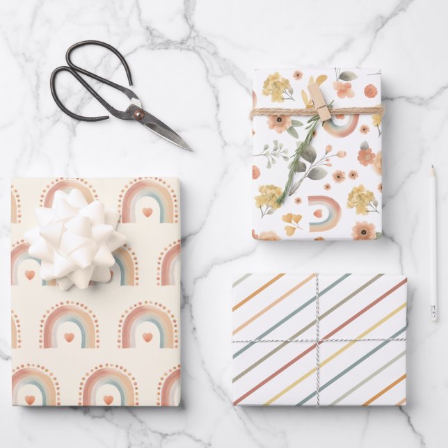 Boho Rainbow Wrapping Paper - Erdetes Neutrales Wa Geschenkpapier Set (Vorderseite)