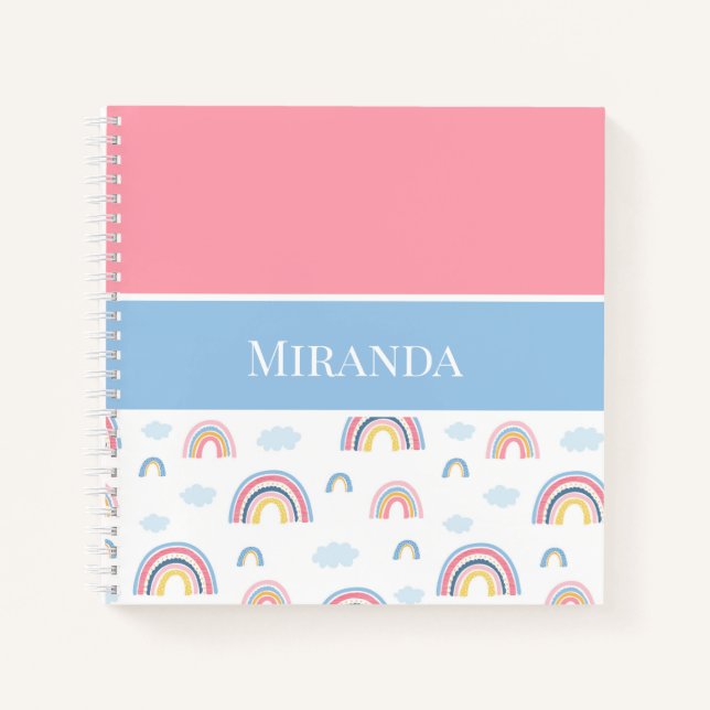 Boho Rainbows Pink Blue Your Name Typografy Notizbuch (Vorderseite)