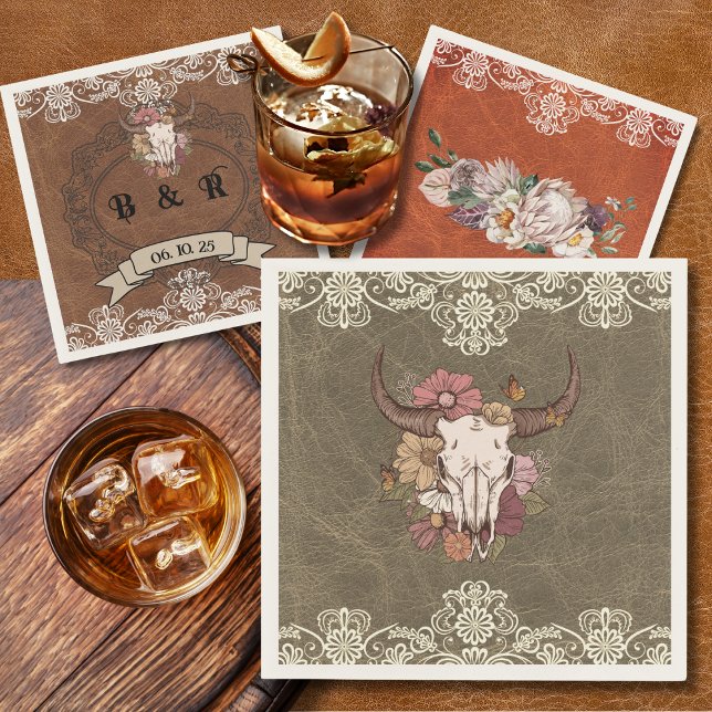 Boho Ranch Floral Bull Skull Paper Cocktail Napkin Serviette (Von Creator hochgeladen)