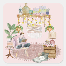 Boho Reading Room Quadratischer Aufkleber