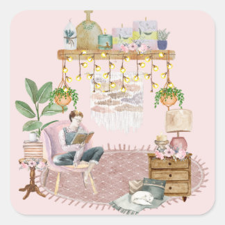 Boho Reading Room Quadratischer Aufkleber