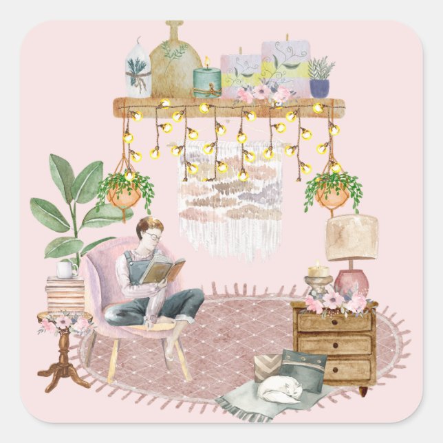 Boho Reading Room Quadratischer Aufkleber (Vorderseite)