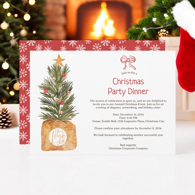Boho Red and White Corporate Christmas Tree Party Einladung (Boho Red and White Corporate Christmas Tree Party Invitation)