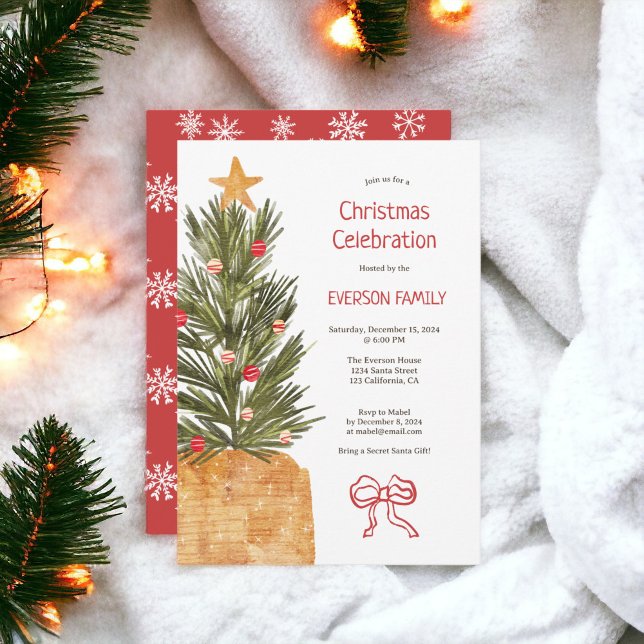 Boho Red and White Scandi Christmas Tree Party Einladung (Boho Red and White Scandi Christmas Tree Party Invitation)