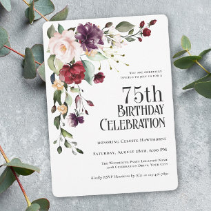 Boho Red, Blush und Lila 75. Geburtstagsparty Einladung