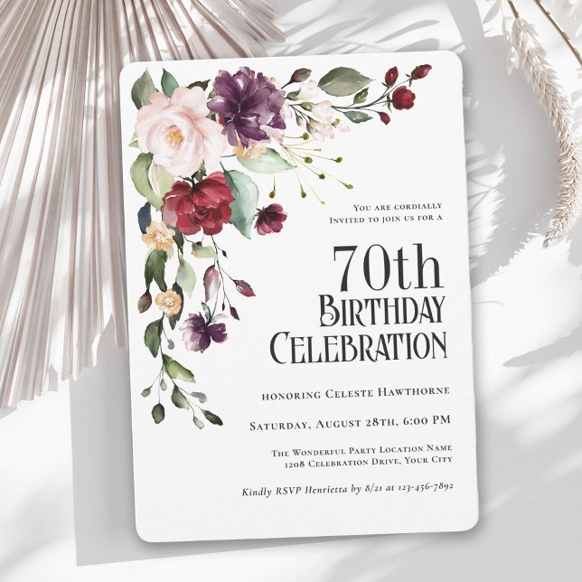 Boho Red, Blush und Lila Floral 70. Geburtstag Einladung (Von Creator hochgeladen)