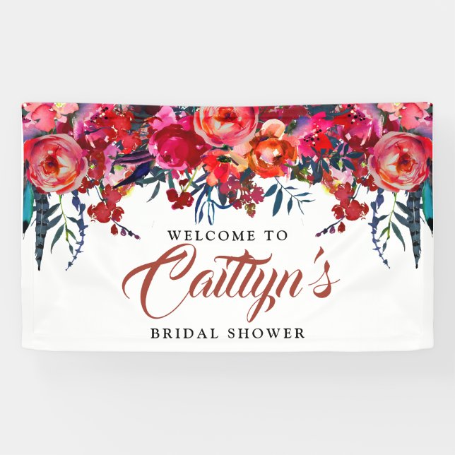 Boho Red Floral Feather Brautparty Willkommen Banner (Horizontal)