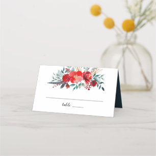 Boho Red Floral Feather Wreath Monogram Wedding Platzkarte