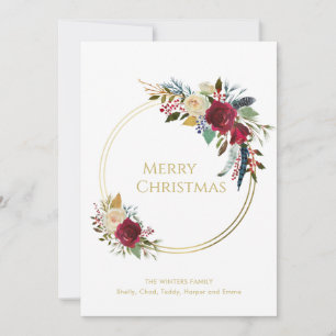 Boho Red Floral Geometric Gold Christmas Feiertagskarte
