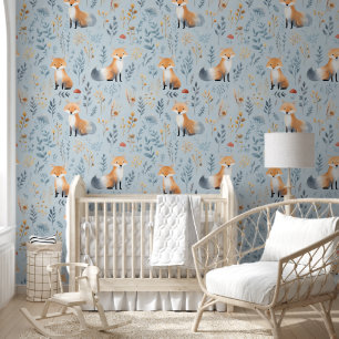 Boho Red Fox auf Blue Baby Kinderzimmer Tapete