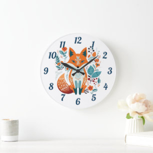 Boho Red Fox Skandinavien Folklorekunst Große Wanduhr