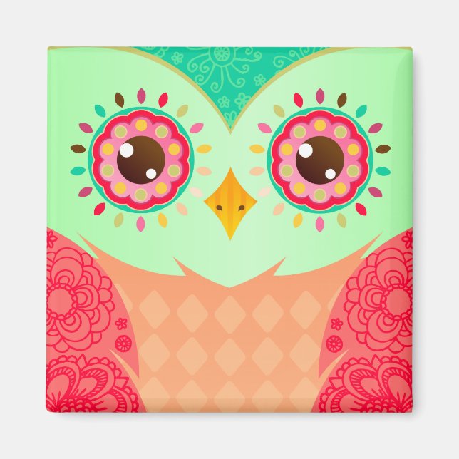 Boho Red & Green Owl Magnet (Vorne)