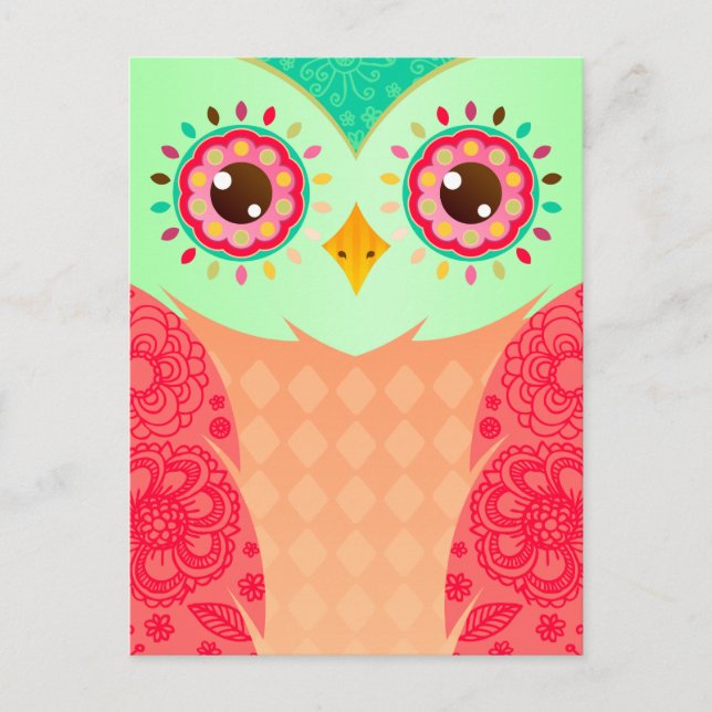 Boho Red & Green Owl Postkarte (Vorderseite)