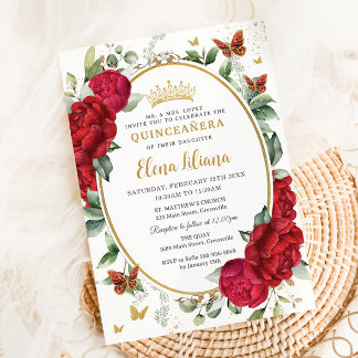 Boho Red Peonies Floral Butterflies Quinceañera Einladung
