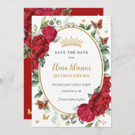Boho Red Peonies Floral Butterflies Quinceañera Save The Date
